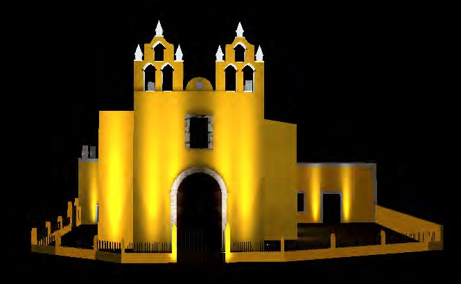 Fachada de la iglesia de los Remedios en Izamal iluminada de noche