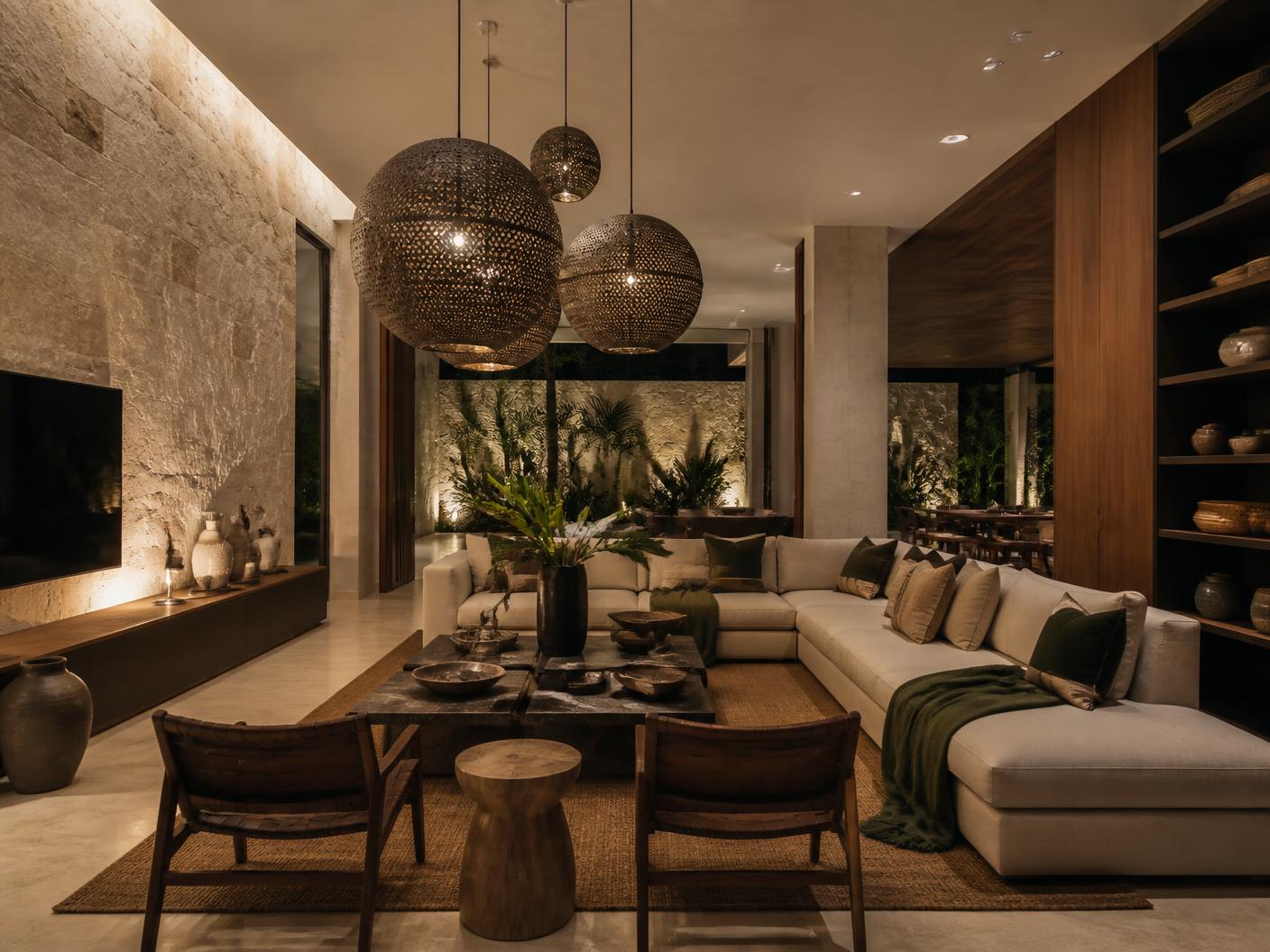 Interior residencial con iluminación cálida en Mérida
