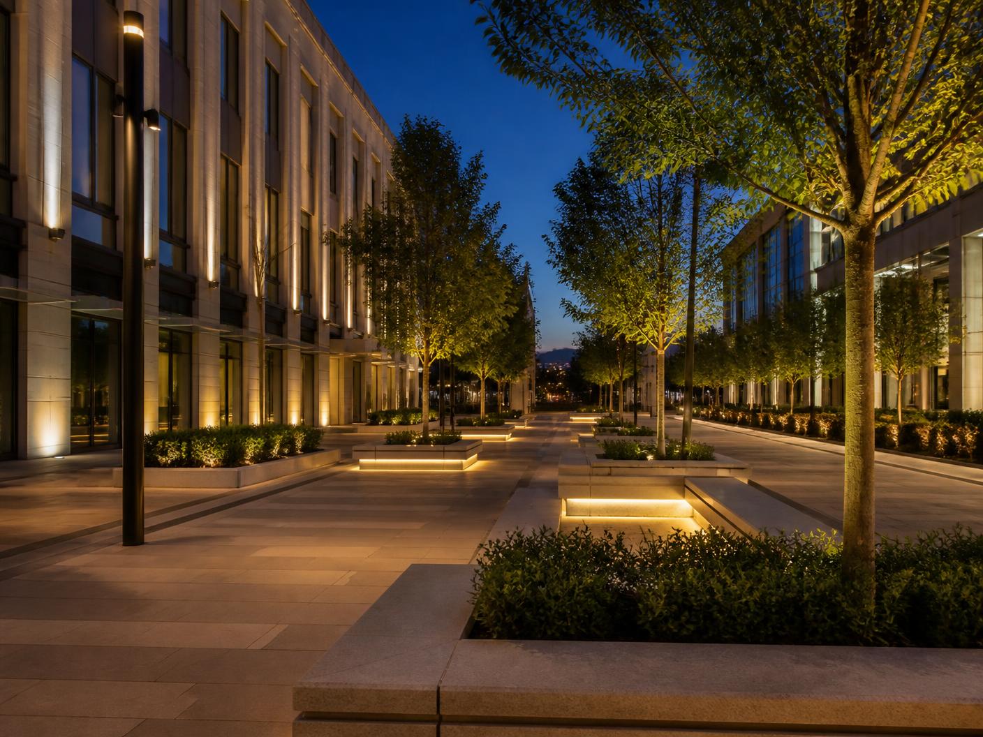 Paseo urbano con iluminación arquitectónica